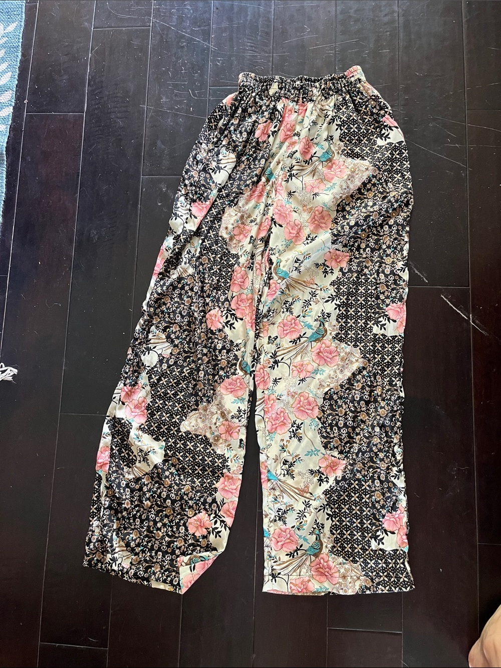 Floral Patchwork Wide-Leg Pajama Pants in Black and Pink